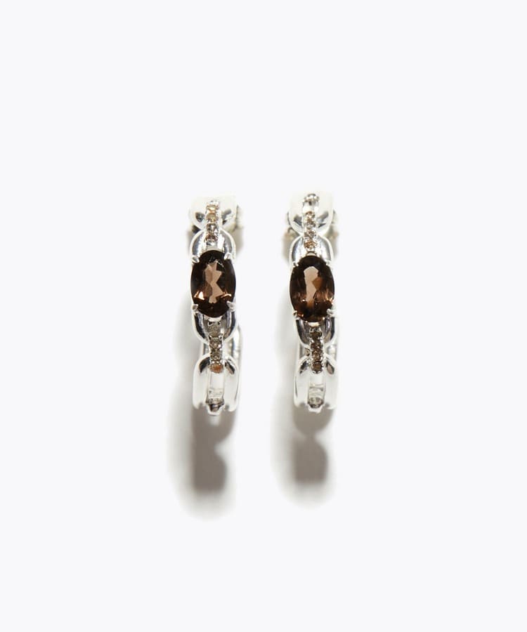 [elafonisi] smoky quartz link pave silver hoop pierced earring