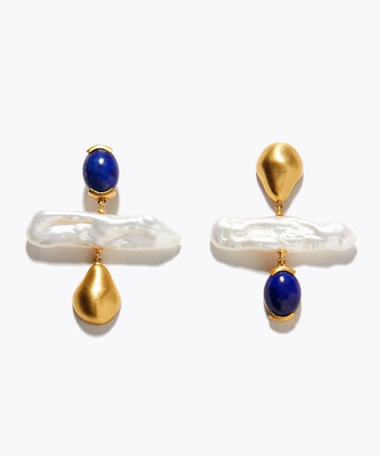 [ancient] baroque pearl lapis lazuli pierced earring